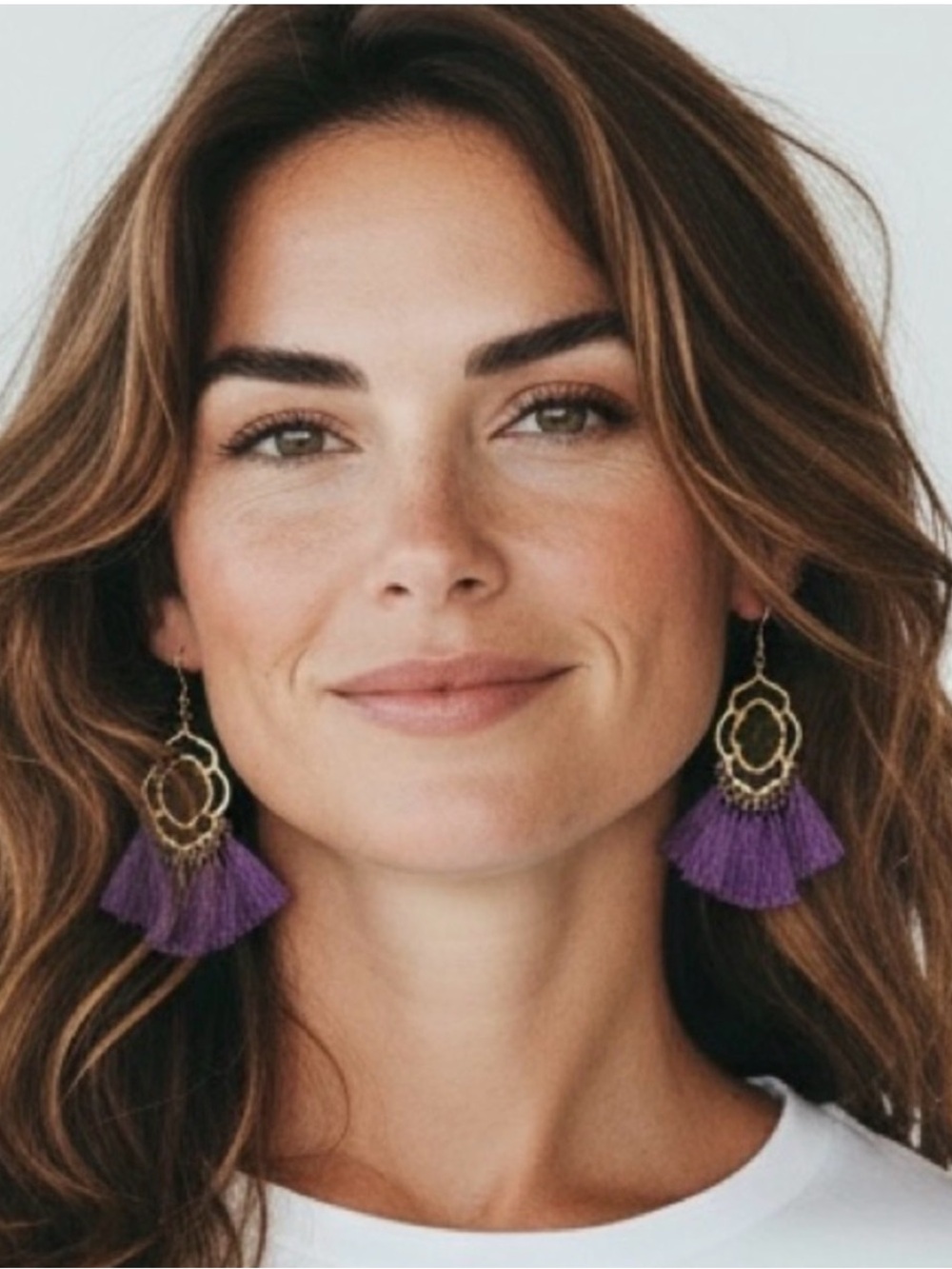 Gold Filigree Tassel Earrings in Purple